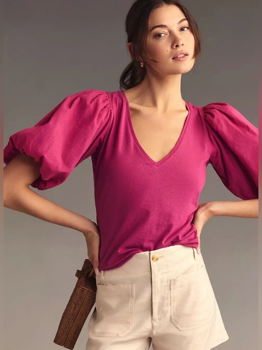 By Anthropologie Puff-Sleeve V-Neck Top in Mulberry Size M